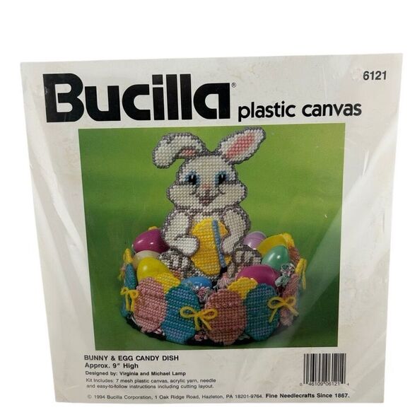 Bucilla Easter Bunny Egg Candy Dish Kit Plastic Canvas 9" High 1994 NOS - Picture 2 of 3